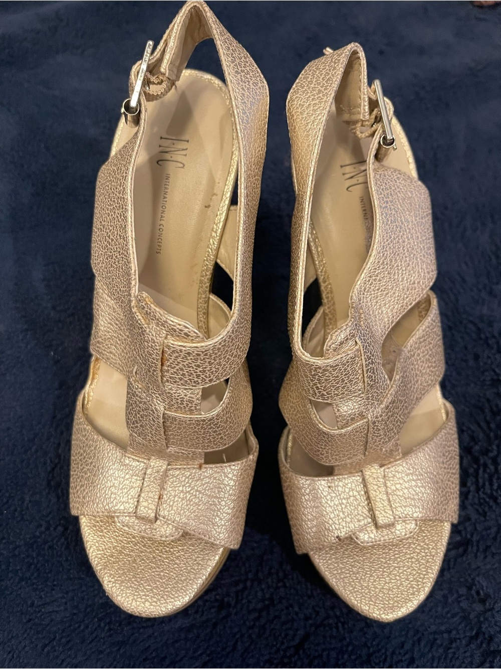 INC International Concepts Metallic Gold Strappy Wedge Sandals